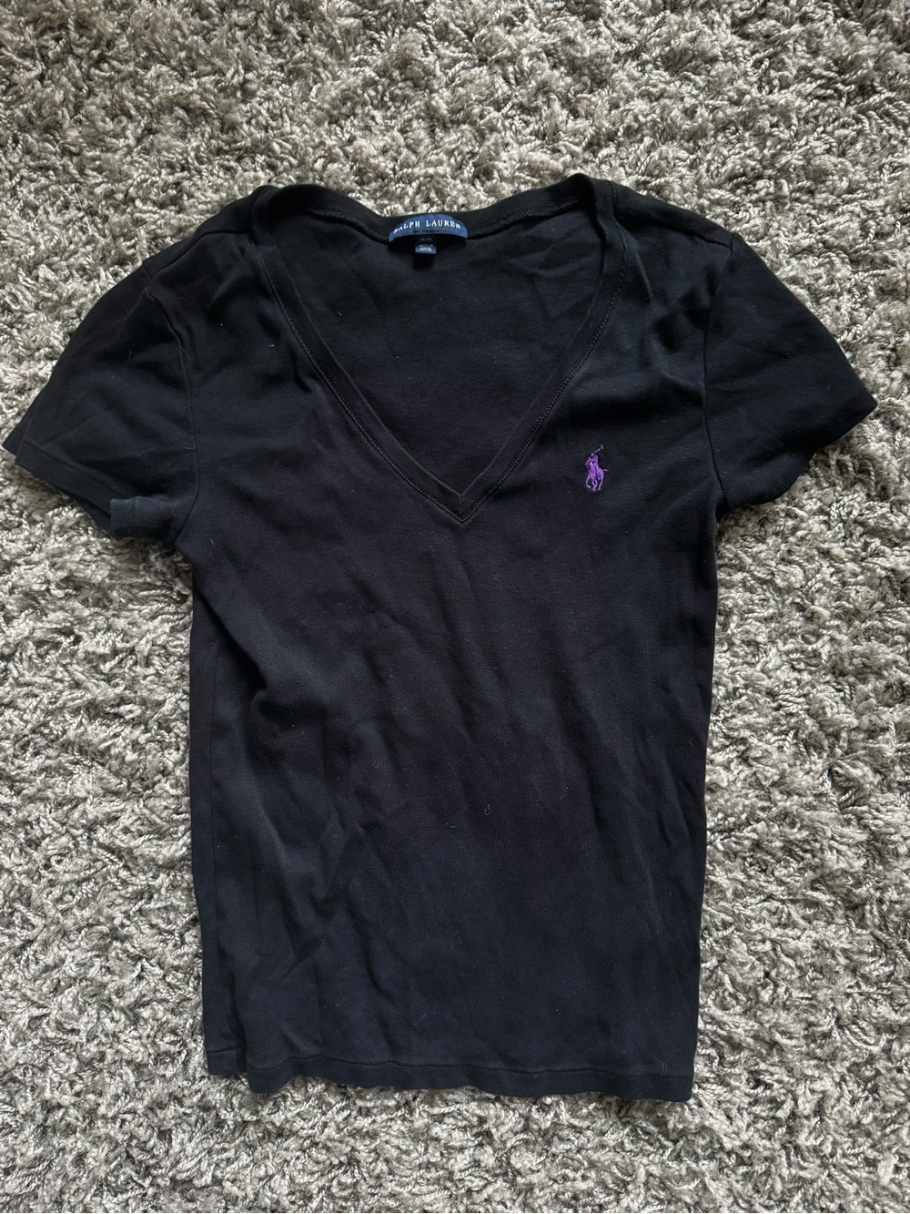 Ralph Lauren Women’s Black Slim Fit V-Neck Polo Tee with Purple Logo